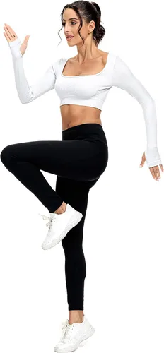 Vista 6 de Paquete de 3 camisetas cortas acanaladas sin costuras de manga larga con cuello cuadrado para mujer, entrenamiento, gimnasio, yoga