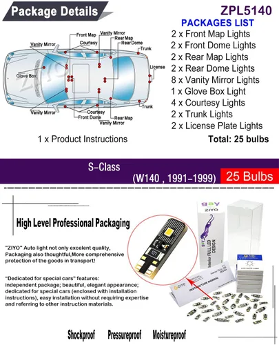 Vista 2 de ZIYO ZPL5140 - Kit de luz interior LED de repuesto para Mercedes Benz Clase S W140 1991-1999, 6000K xenón blanco cúpula bombillas Upgrage sin