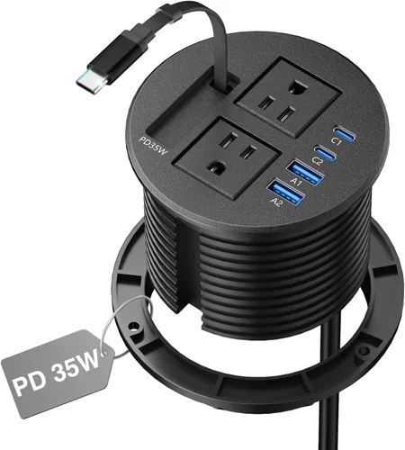 Vista 11 de Ojal de alimentación de escritorio USB-C PD 65W, 2 tomacorrientes 4 puertos Negro USB-C 65W