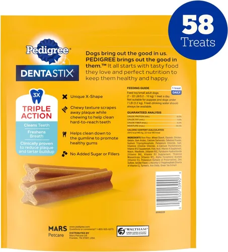 Vista 43 de Pedigree Dentastix Golosinas dentales para perros pequeños de doble sabor, tocino y pollo, bolsa de 5.08 onzas (24 golosinas)