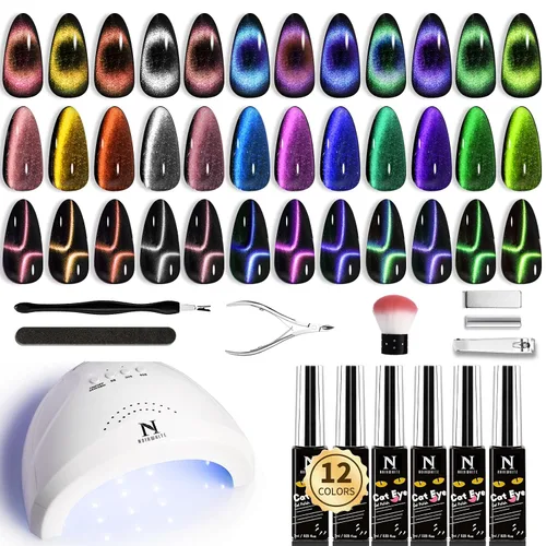 Vista 14 de Kit de esmalte de uñas de gel, 12 colores brillantes con purpurina 9D camaleón ojo de gato, juego de esmalte de uñas de gel con base de luz