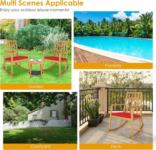 Vista 8 de Tangkula Mecedora de madera de acacia para patio, con cojín extraíble de alta densidad, resistente a todo tipo de clima, base equilibrada, perfecta