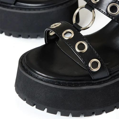 Vista 3 de Goiphrri Sandalias de plataforma para mujer, tacón grueso, anillos de metal, impresionantes gladiador, puntera abierta, correa de tobillo, sandalias