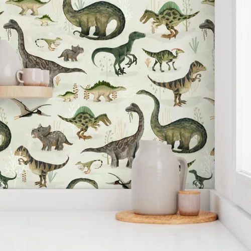 Vista 8 de Spoonflower Papel tapiz para despegar y pegar - Dinosaurios grandes Verde Niños Gris Animales Niños Ilustración Dino Papel pintado extraíble