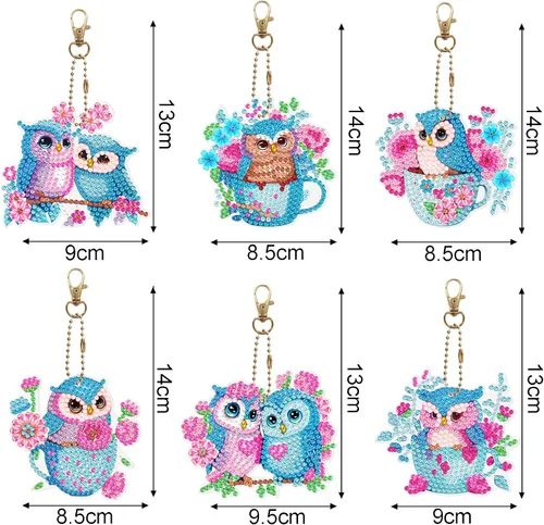 Vista 7 de LUSandy Juego de 6 llaveros de pintura de diamante con diseño de búho y flores azules 5D para adultos, diseño especial de búho de doble cara