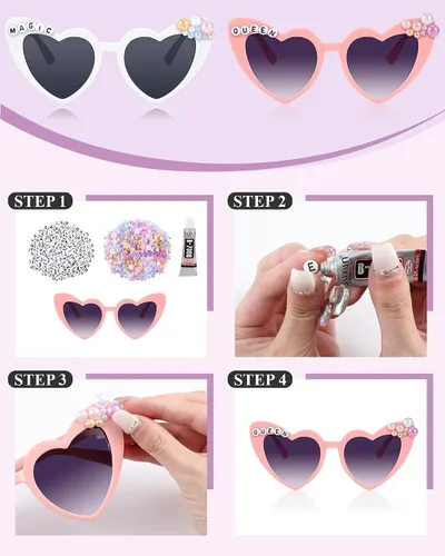 Vista 7 de 12 pares de lentes de sol de corazón de San Valentín para despedida de soltera a granel con cuentas de letras y perlas pegamento para fiesta de boda