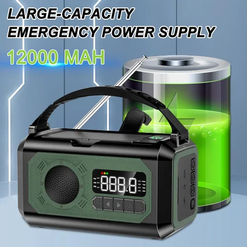 Vista 2 de Radio de emergencia de 12000 mAh, radio portátil de alerta meteorológica AM/FM/NOAA, manivela con linterna, lámpara de lectura, alarma SOS, cargador