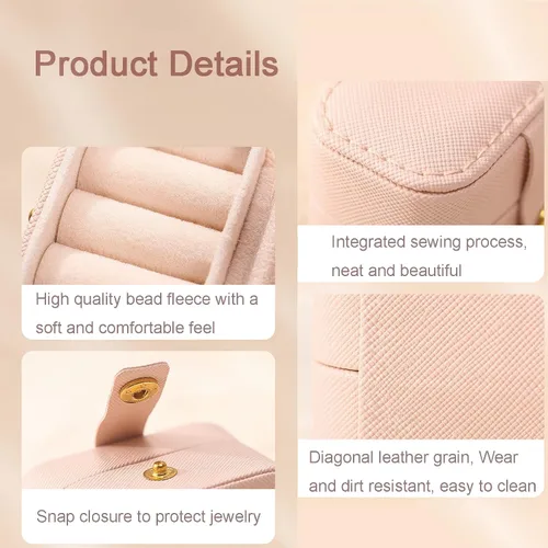 Vista 4 de Mini caja de almacenamiento de anillos, organizador de joyas, pequeña caja de joyería portátil, práctico regalo de viaje para mujeres, rosa