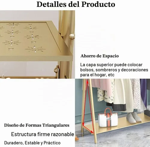Vista 2 de Perchero industrial dorado independiente con estantes dobles, perchero móvil resistente para organizar ropa y zapatos (47 pulgadas de largo)