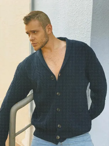 Vista 9 de JMIERR Suéter casual de manga larga con cuello de chal y botones para hombre con bolsillos