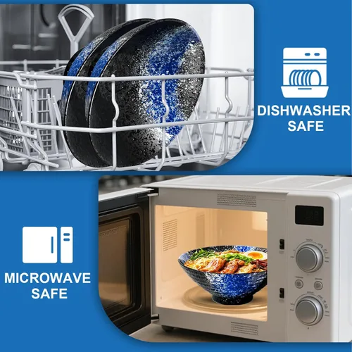 Vista 4 de Juego de 2 cuencos de cerámica para ramen de 8 pulgadas (9 piezas) – Tazones grandes de porcelana japonesa para ensalada, fideos, cereales, frutas