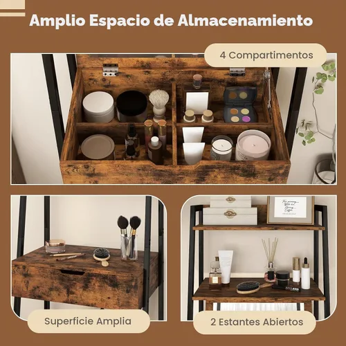 Vista 3 de CHARMAID Juego de escritorio de tocador de escalera – Mesa de tocador de maquillaje con espejo abatible, taburete acolchado, 4 compartimentos
