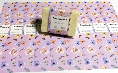 Vista 23 de Cinta de papel de envoltura para barra de jabón casera, productos hechos a mano, 20 piezas (horizontal - puntos azules)