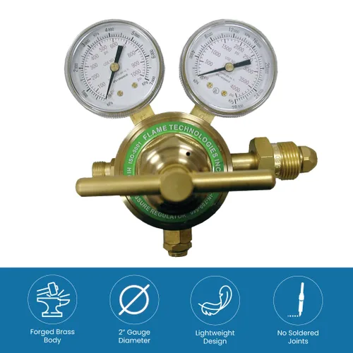 Vista 5 de Flame Tech Regulador de pistón de alta presión para gases inertes, regulador para nitrógeno y gas argón, cuerpo y sombrerete de latón forjado