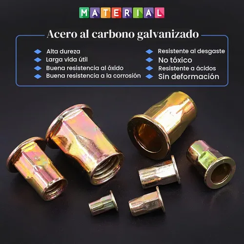 Vista 3 de Glarks Juego de 60 tuercas de remache de brida de cuerpo hexagonal M6 de acero al carbono chapadas en zinc, cabeza plana roscada, tuerca