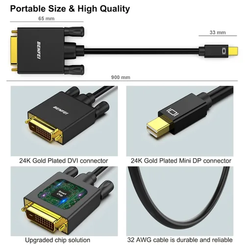 Vista 6 de BENFEI Cable Mini DisplayPort a DVI de 3 pies, cable Mini DisplayPort a DVI (compatible con Thunderbolt 2) con MacBook Air/Pro, Surface Pro/Dock