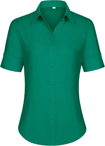 Vista 21 de siliteelon Camisas de vestir de manga corta con botones para mujer, camisas de algodón con botones para mujer, blusa ajustada de manga 3/4