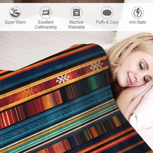 Vista 4 de Manta bohemia mexicana retro a rayas multicolor, manta bohemia étnica cálida de 30 x 40 pulgadas, suave manta de felpa mullida y acogedora manta