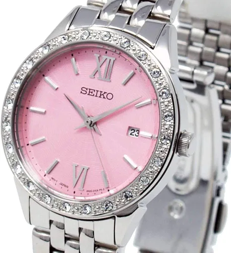 Vista 3 de Seiko Reloj de cuarzo para mujer con correa de acero inoxidable SUR693P1, Rosado, Reloj de cuarzo