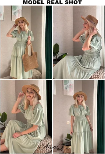Vista 5 de AlvaQ Vestido de verano para mujer, cuello redondo, manga abombada, casual, fruncido, cintura alta, volantes, acampanado, vestido de verano