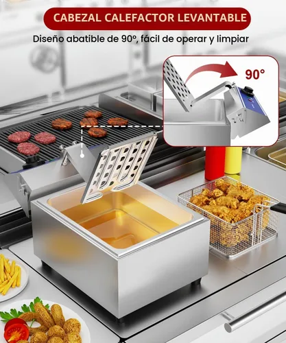 Vista 4 de DULONG Freidora eléctrica comercial, freidora de acero inoxidable para encimera de 10.57/10L con canasta, control de temperatura de 1500 W, freidora