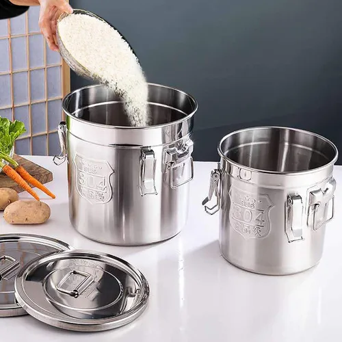 Vista 7 de Contenedor de cereales de acero inoxidable 304 con tapa y abrazadera de bloqueo resistente para almacenamiento de harina u otros productos a granel