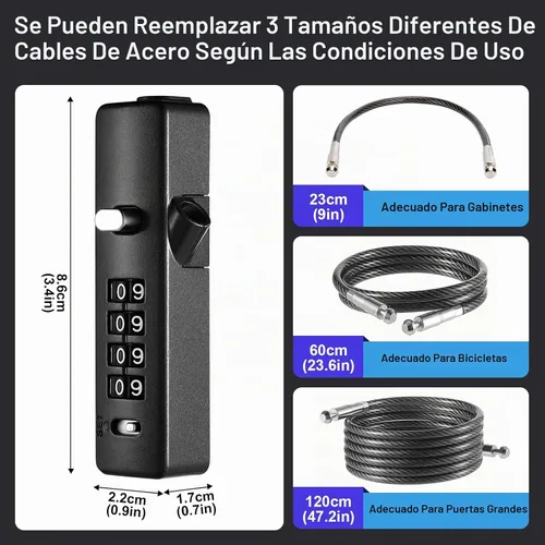Vista 2 de Candado de cable combinado de 4 dígitos con 3 cables de acero reemplazables (9"/23.6"/47.2"), bloqueo de cable para bicicleta, equipaje, puerta