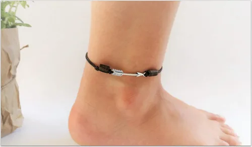 Vista 6 de Tobillera de flecha para mujer, pulsera de tobillo de cuero natural con cuentas de madera