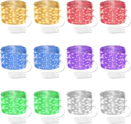 Vista 11 de Paquete de 12 luces de hadas con pilas, 7 pies, 20 luces LED, impermeables, alambre plateado, luces de Navidad para decoración al aire libre, mini