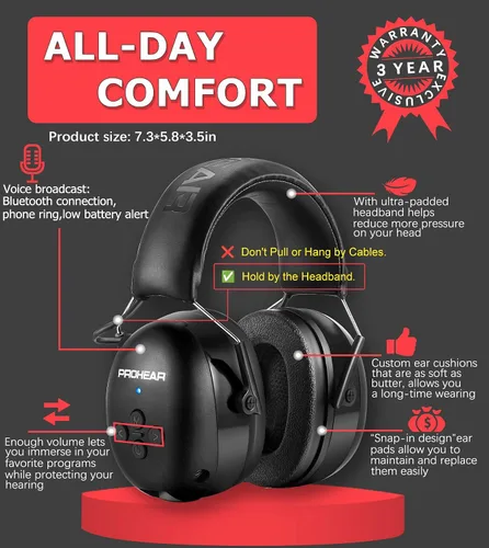 Vista 7 de PROHEAR Auriculares de protección auditiva Bluetooth 5.0 037 con batería recargable de 1100 mAh, 25 dB NRR de reducción de ruido con tiempo de negro