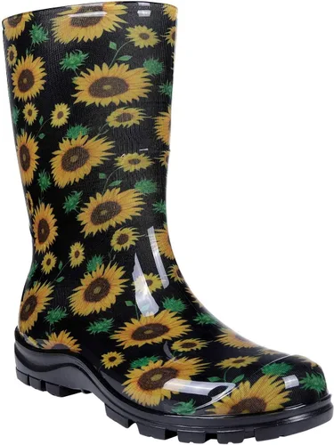 Vista 18 de Asgard Botas de lluvia a media pantorrilla para mujer, botas de goma impermeables estampadas, zapatos cortos de jardín Negro