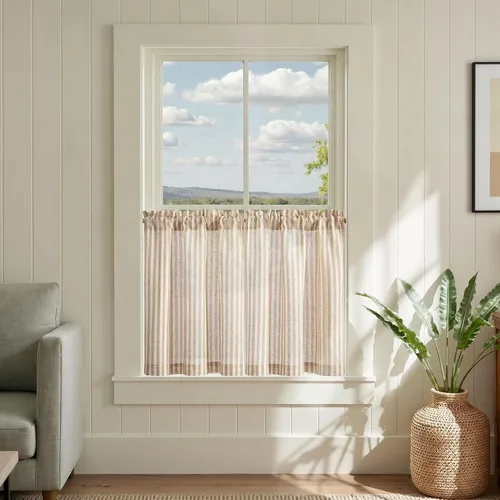 Vista 89 de Jinchan - Cortinas de lino a rayas para cocina, 24 pulgadas, beige, 2