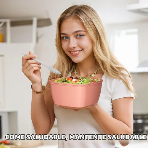 Vista 8 de Cherrysea Lonchera para ensalada, paquete de 2 tazones con 3 compartimentos, a prueba de fugas con tenedor y contenedor de salsa - Verde+Rosa