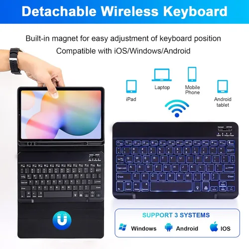 Vista 4 de SOPPY Teclado retroiluminado de 7 colores con mouse para Samsung Galaxy Tab S6 Lite de 10.4 pulgadas 2022/2020 (SM-P610/P613/P615/P619), funda