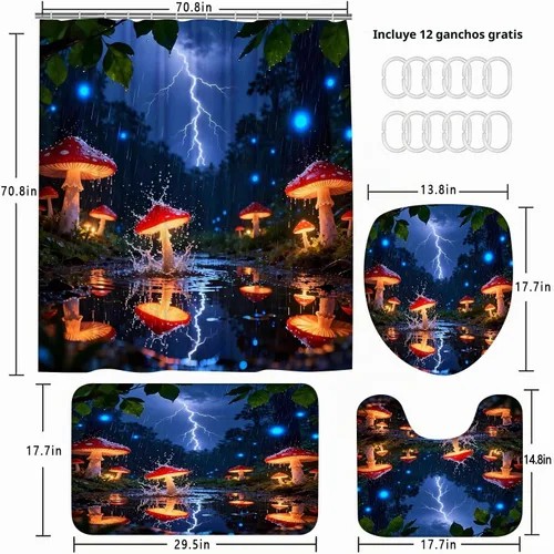 Vista 7 de Juego de 4 cortinas de ducha de hongos rojos de fantasía con alfombras, bosque encantado, lluvia y relámpagos, decoración de baño azul vibrante