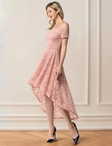 Vista 2 de Dressystar - Vestido de cóctel de encaje para mujer vestido asimétrico con vuelo y hombros descubiertos para fiesta y evento formal
