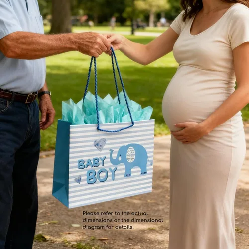 Vista 3 de DiffyGo Bolsa de regalo de bebé grande de 13 pulgadas para baby shower con papel de seda y tarjeta (azul)