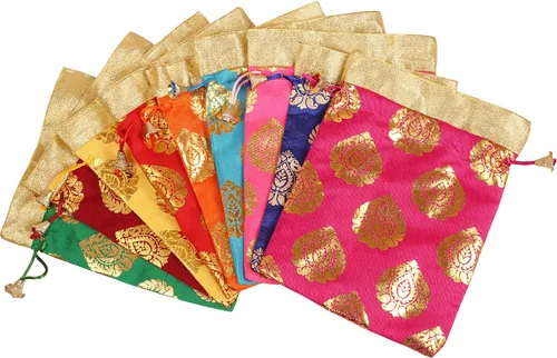 Vista 7 de Touchstone Bolsas de cordón tradicionales indias hechas a mano en tejido brocado con patrón de hojas de ficus. Perfecto para regalos, joyas, bodas