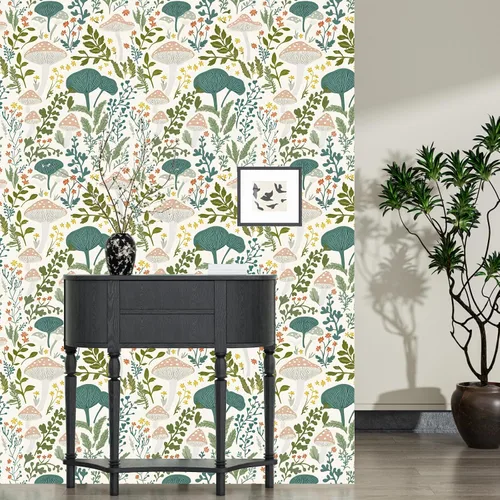 Vista 5 de Papel tapiz floral de hongos rosados para despegar y pegar, papel de contacto bohemio con hojas verdes claras, acuarela, colorido mural de pared
