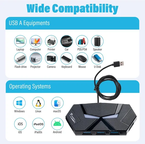 Vista 9 de Hub USB A con 7 puertos de 3.9 pies de largo, divisor de concentrador USB 3.0 múltiple, adaptador extensor USB para laptop, escritorio, PC, unidad
