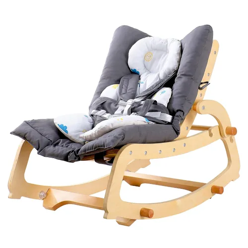 Vista 9 de MallBest Silla mecedora 3 en 1 para bebé con cojines dobles, para 0-12 meses, balancín de madera ajustable para bebés con cojín extraíble y arnés