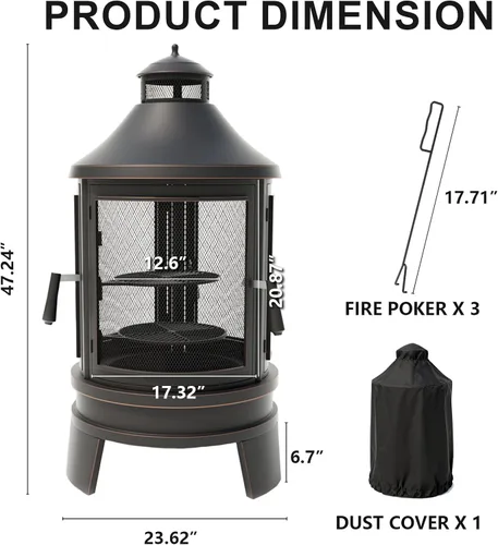 Vista 7 de ALAULM Chiminea de metal con parrilla, hoguera 2 en 1 con bandeja de parrilla ajustable y puerta mosquitera de malla, chimenea de acceso múltiple