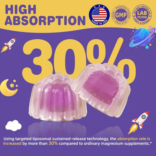 Vista 2 de Gomitas de glicinato de magnesio 400 mg para niños y adultos - Suplemento de magnesio liposomal con D3, K2 y calcio para dormir, calma y huesos, sin