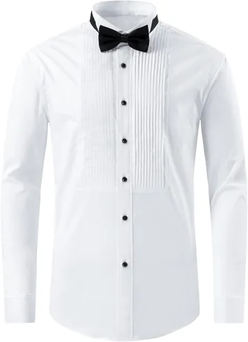 Vista 2 de Camisa de esmoquin con cuello de ala para hombre, puños franceses con gemelos y corbatín