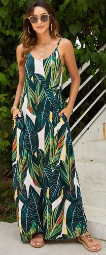 Vista 2 de Supnier - Vestido largo de verano para mujer, vestido flora, informal y bohemio con cuello en V, sin mangas, con tirantes delgados y bolsillos