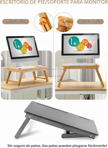 Vista 4 de Mesa para laptop Nnewvante ajustable de bambú, bandeja plegable para servir el desayuno en la cama con cajón superior inclinable