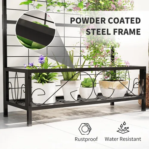 Vista 4 de Outsunny Soporte alto para plantas con enrejado y barra para colgar, soporte de metal para plantas trepadoras, flores, uso en interiores y Negro