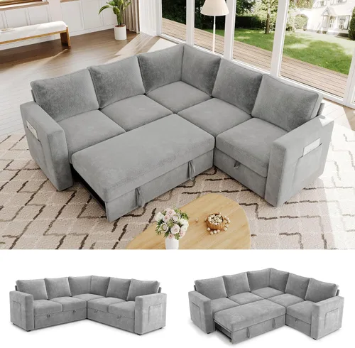 Vista 16 de Sofá Seccional Modular de 85 Pulgadas con Cama Extraíble, Sofá Cama Seccional en Forma de L de 5 Asientos con Almacenamiento, Sofás Seccionales