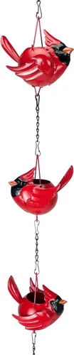 Vista 2 de Cadena de lluvia de metal de 85 pulgadas con 7 pájaros cardenales rojos tridimensionales, acabado marrón rústico, campana pesada en la parte