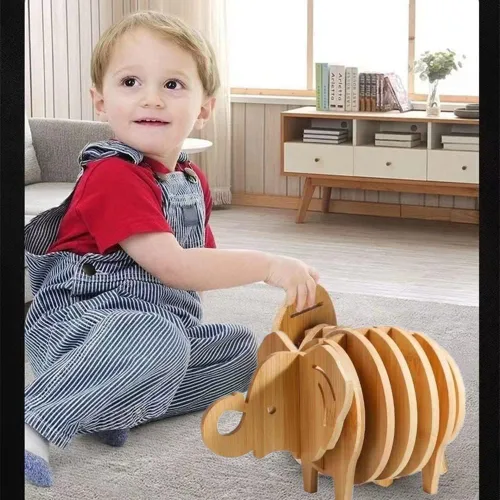 Vista 7 de Juego de 8 alfombrillas de cocina empalmes de elefante 3D empalmable, resistencia al calor, almohadillas calientes de bambú creativas